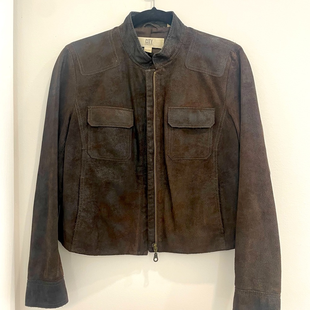 Vintage DKNY, City brown suede leather jacket. Petite Size 10